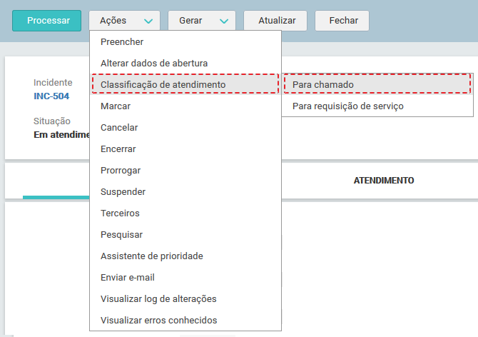 06. Tela_MENU_AÇÕES_ ALTERAR CLASSIFICAÇÃO DE ATENDIMENTO_Para Chamado_Novo Incidente_FIG003