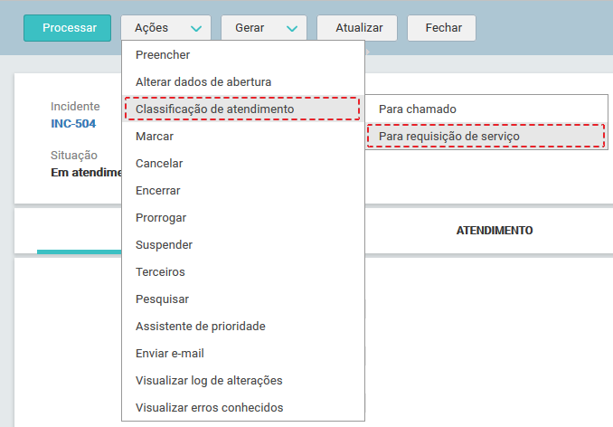 06. Tela_MENU_AÇÕES_ ALTERAR CLASSIFICAÇÃO DE ATENDIMENTO_Para requisição de serviço_Novo Incidente_FIG003
